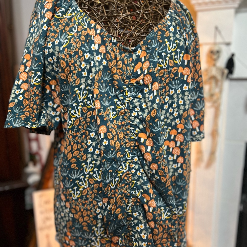 Blue Top with Floral and Mushroom Print